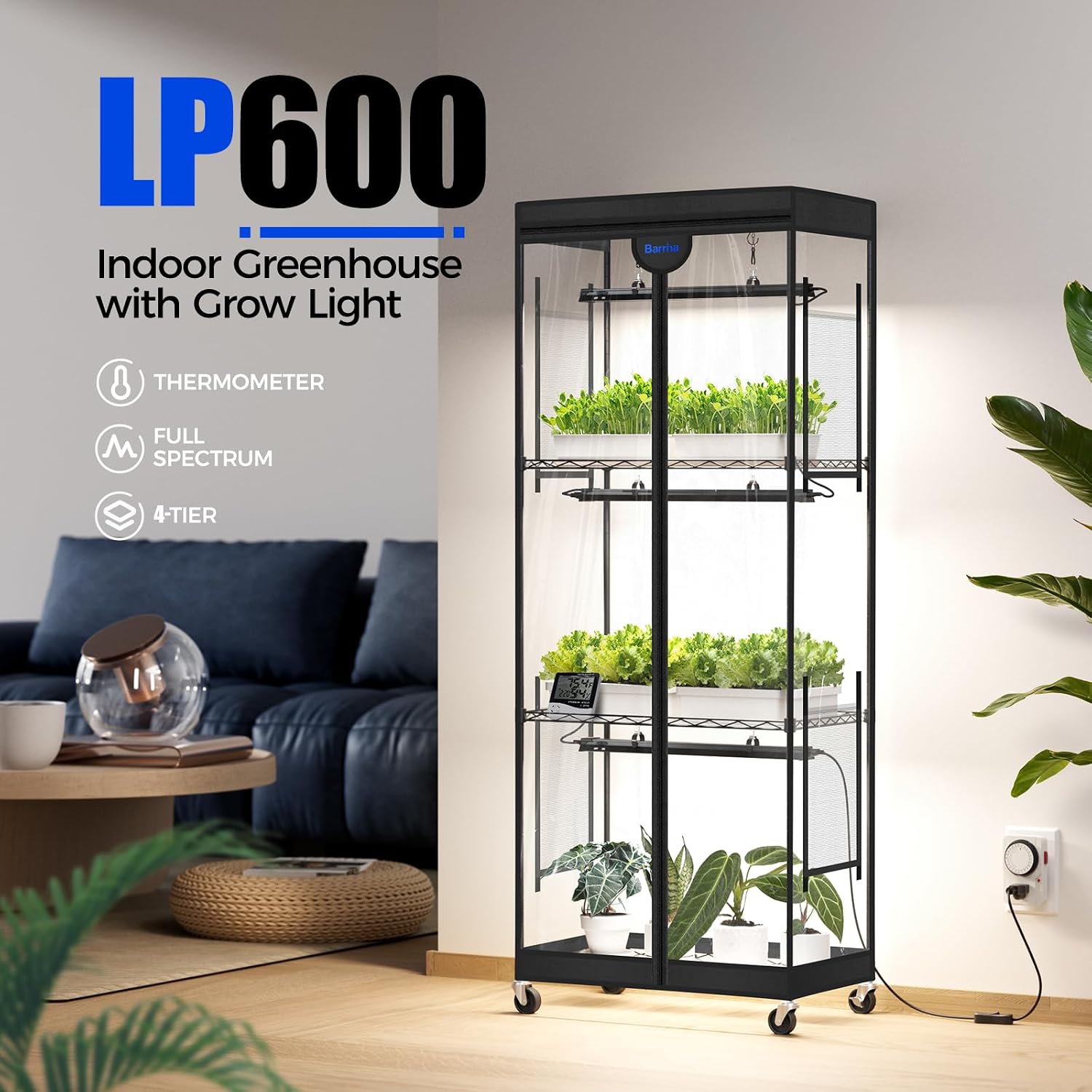 Barrina LP600 Indoor Greenhouse with Grow Light, 4 Tier Stand with Tent | Adjustable Shelf, 75W TX-S25 1.6FT 5000K Full