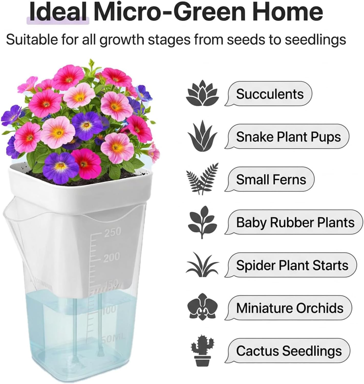 10 Pack 2.5" Self Watering Pots for Indoor Plants with Anti-Tip Tray & Reservoir Refill Bottle, Seed Starter Kit for