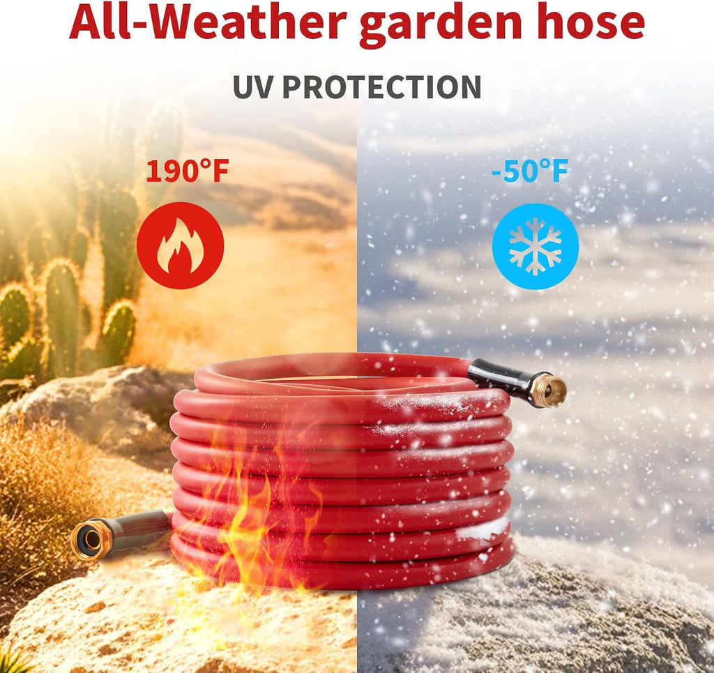 Garden Hose 50ft x 5/8” Hot/Cold Water Hose, -50°F to 190°F, Red | 600PSI Burst, Flexible & Lightweight, Upgraded
