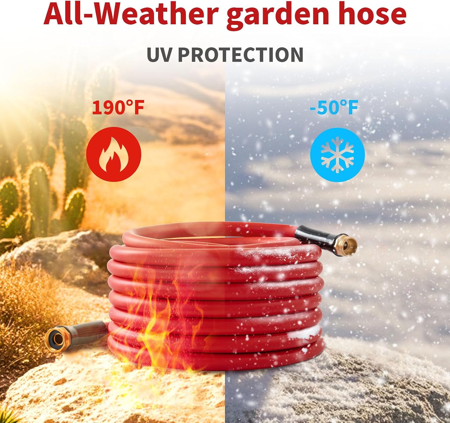 Garden Hose 50ft x 5/8” Hot/Cold Water Hose, -50°F to 190°F, Red | 600PSI Burst, Flexible & Lightweight, Upgraded