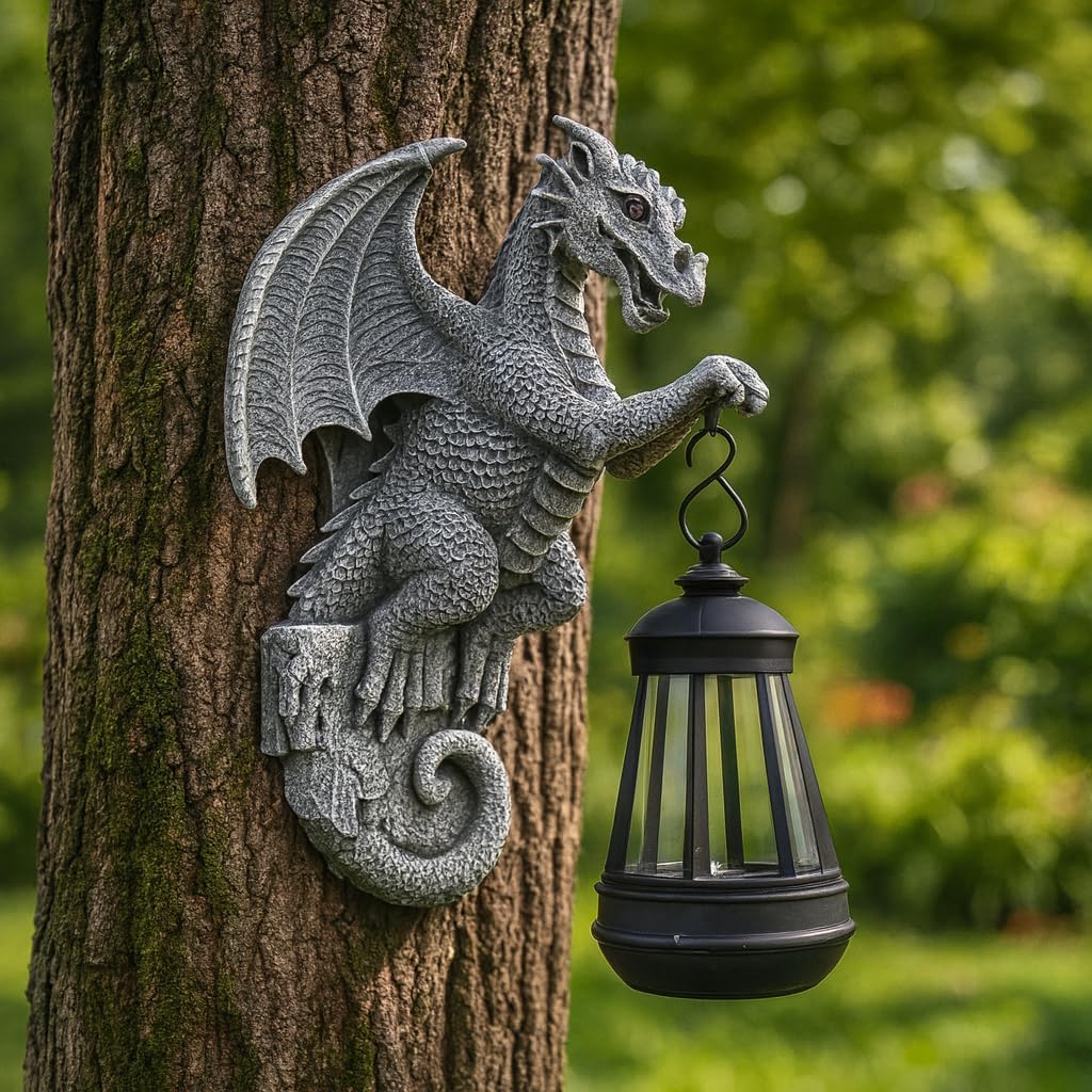 Solar-Powered Dragon Statue, 9 inch Outdoor Garden Decoration | Solar Light, Waterproof, Wall Hanging, Resin Sculpture