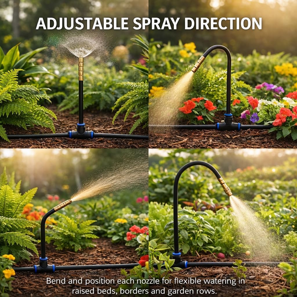 Drip Irrigation System 200FT 1/4", 36 Adjustable Copper Nozzles | 36 adjustable copper nozzles with 360° bendable rods