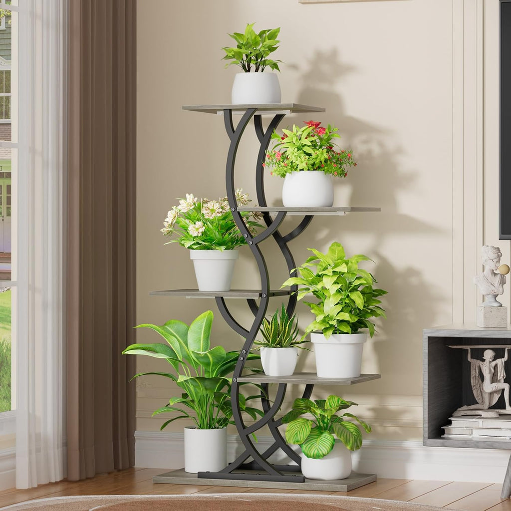 Plant Stand Indoor with Grow Lights - 5 Tiered Corner Plant Shelves (Gray) | 44" Tall Metal Plant Shelf, S-Shape