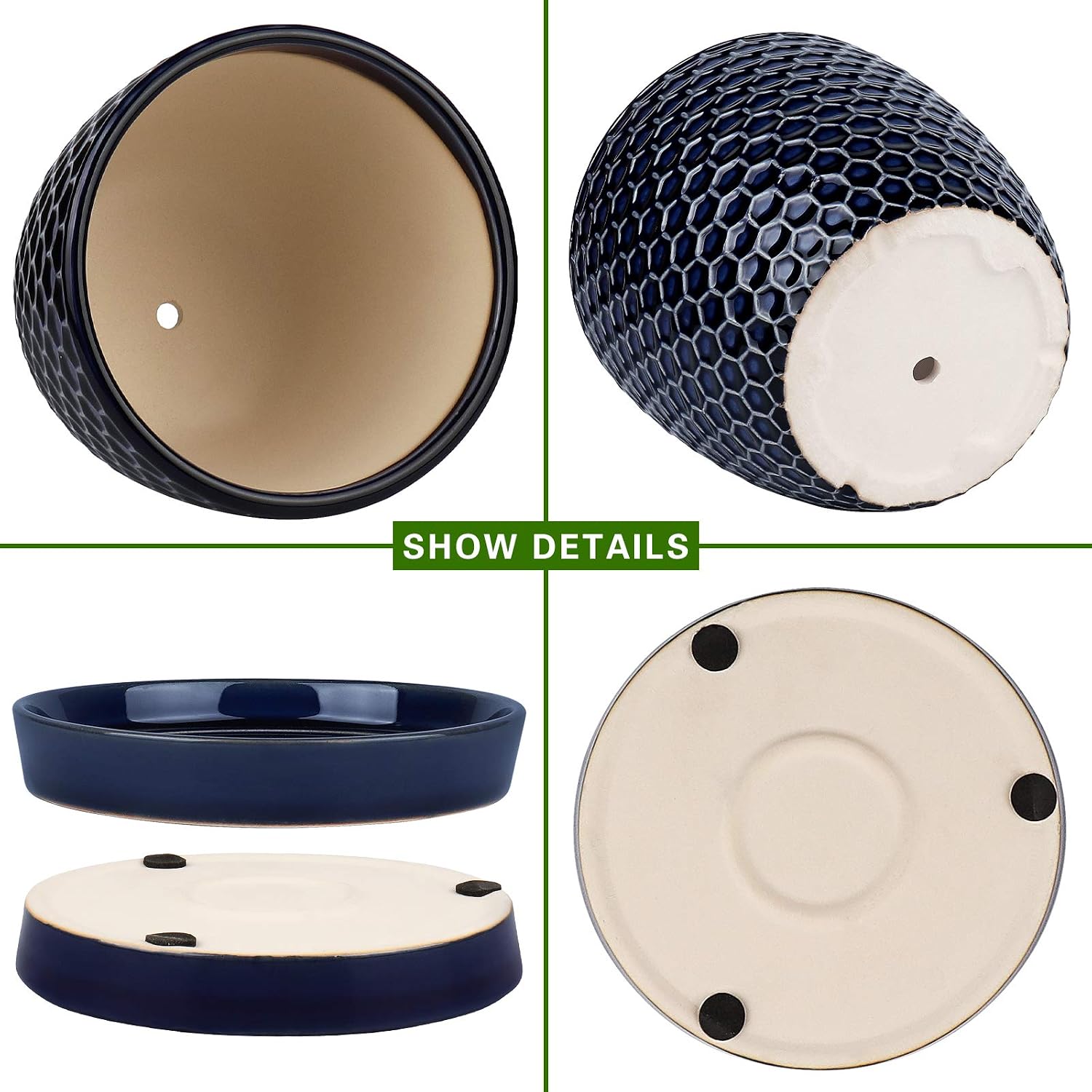 Docrin Blue Honeycomb Ceramic Plant Pot Set - 6.6"+5.5" Inch, Modern Decorative Planters with Drainage Holes & Saucers