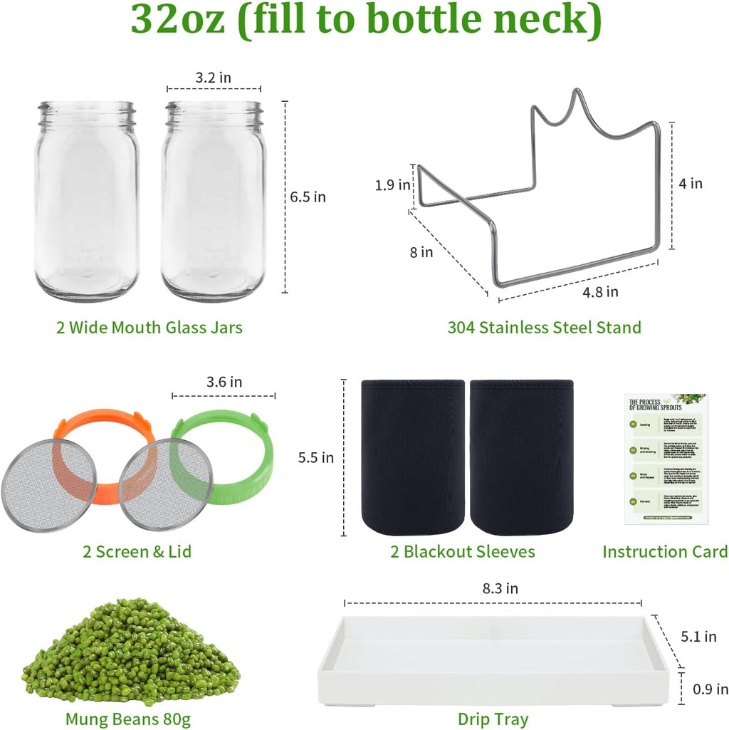 Seed Sprouting Jar Kit with Mung Beans 2.9oz, 2 Large Wide Mouth Mason Jars with Sprouting Lids, Blackout Sleeves