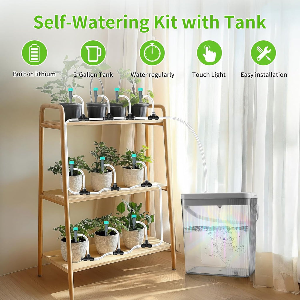Indoor Drip Irrigation System with 2-Gallon Water Tank, Touch Night Light & Programmable Timer-Self-Watering Kit for 10