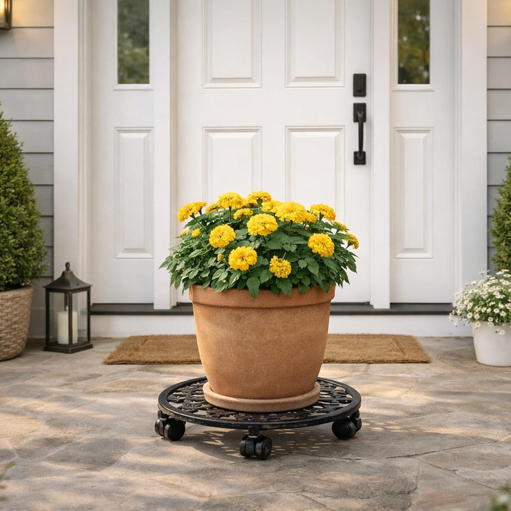 2 Pack Plant Caddy with Wheels, PlanterHoma 14 Inch Metal Plant Stand with Wheels Heavy Duty Wrought Iron Planter Dolly