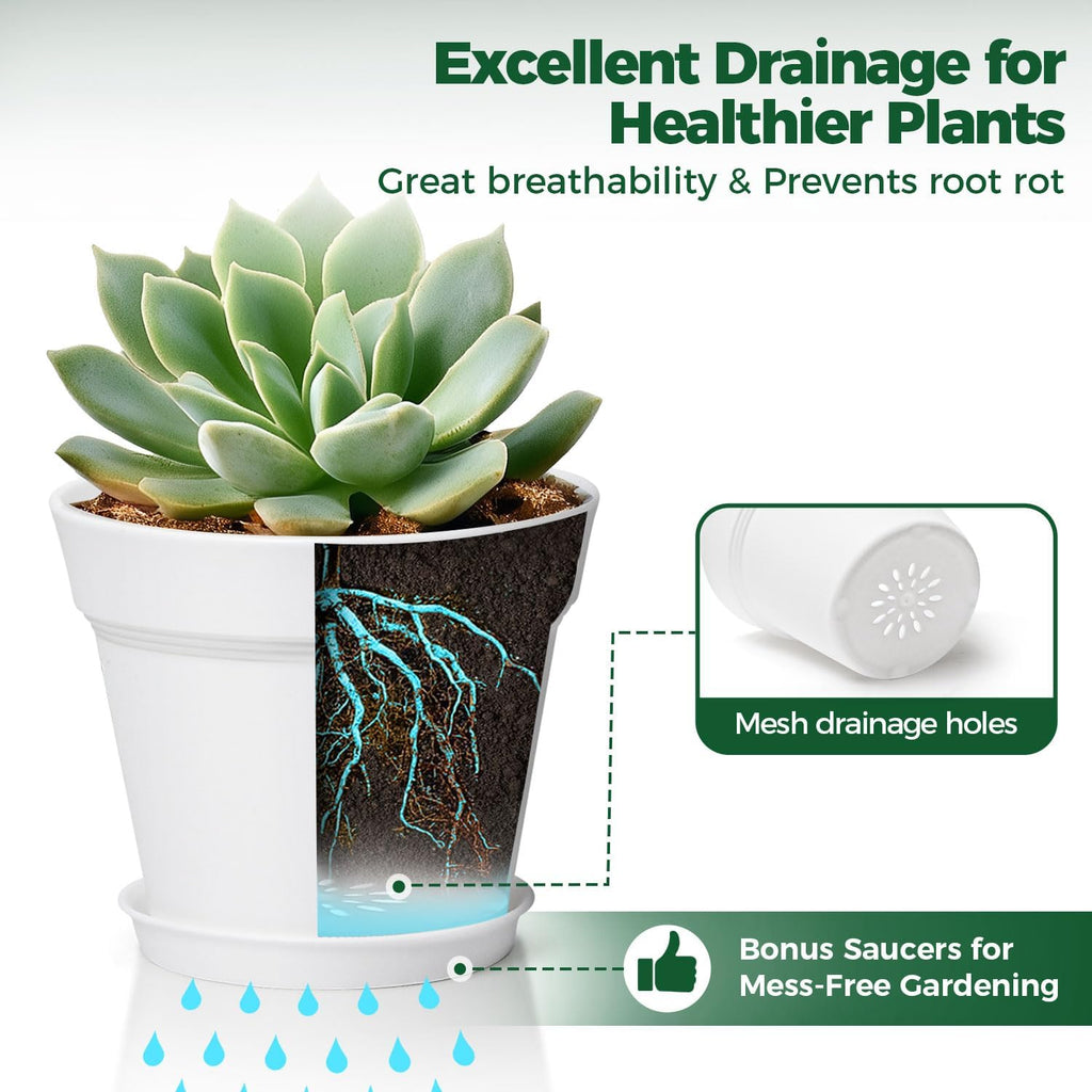 T4U Small Plant Pots 5 Inch 18 Pack, Plastic Flower Pots with Saucer White | Nursery containers for succulents cactus