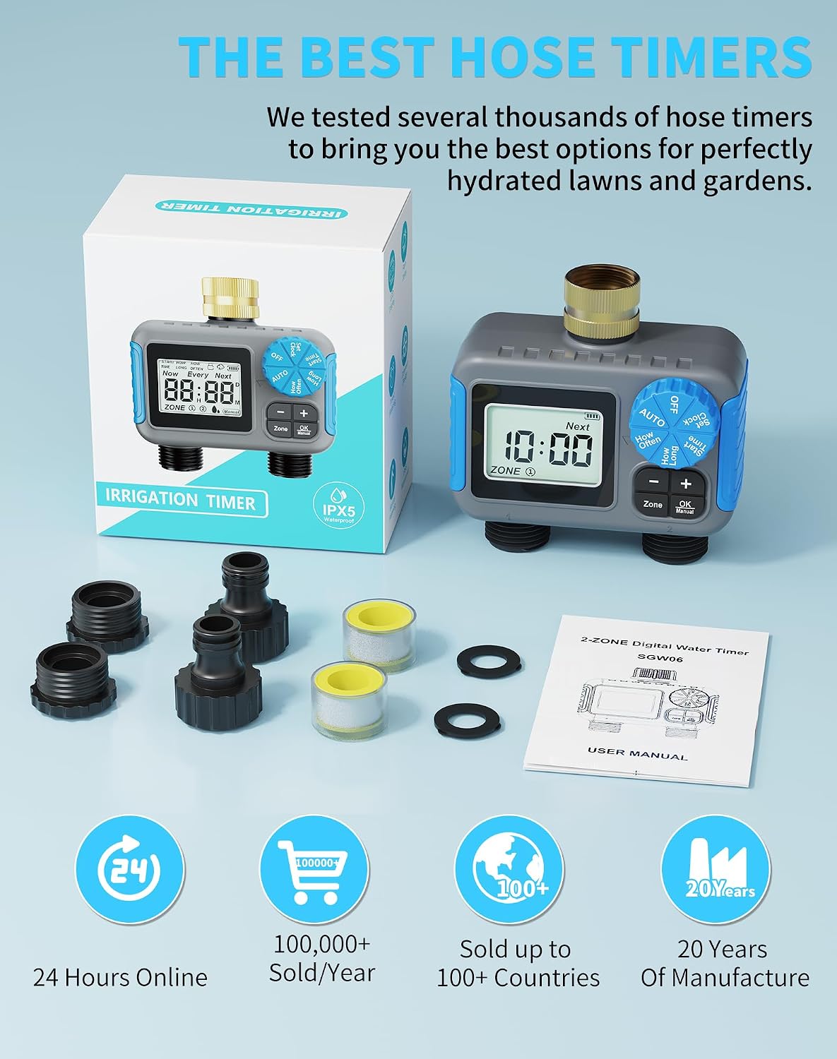 Sprinkler Timer, 2 Zone with Brass Swivel, Digital Irrigation Controller System with Rain Delay/Manual/Automatic