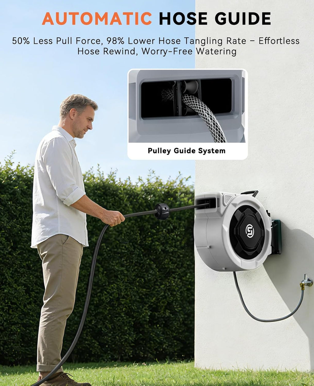 SUNPOW Retractable Garden Hose Reel - 1/2" x 100ft Wall Mounted Hose Reel with 3/4'' Brass Fitting & 10-Pattern Nozzle