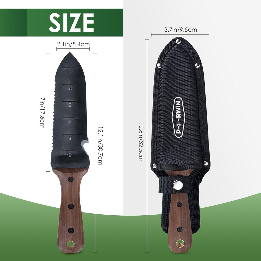PERWIN Hori Hori Garden Knife, Garden Tools with Sheath for Weeding, Planting, Digging, 7" Stainless Steel Blade with