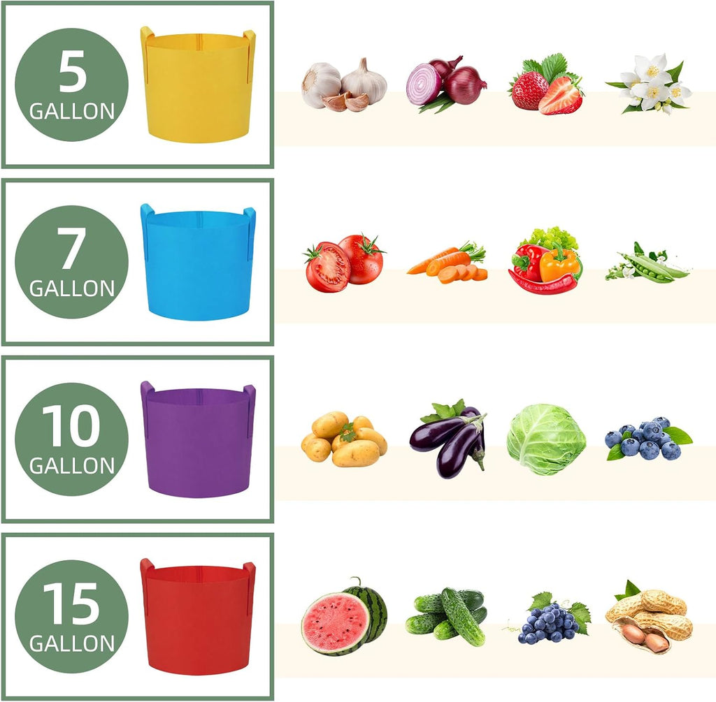 LITLANDSTAR 7 Pack Multicolor Grow Bags, Thickened Nonwoven Plant Fabric Pots with 4 Colors and 4 Sizes - 5/7/10/15