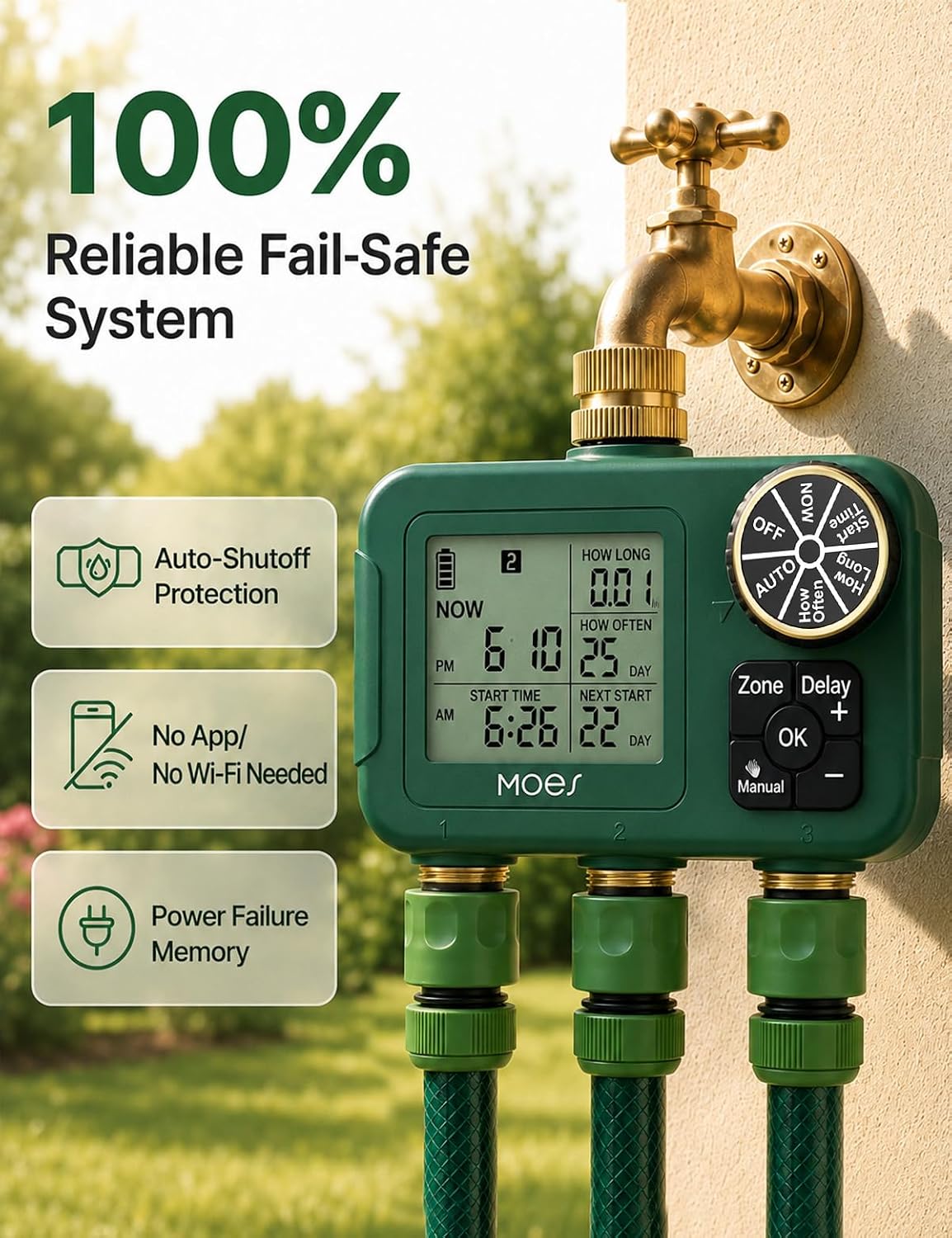 MOES 3-Zone Water Timer for Garden Lawn Hose, Brass 3/4 Inlet & Outlets | Independent Tripe-Outlet Sprinkler Timer