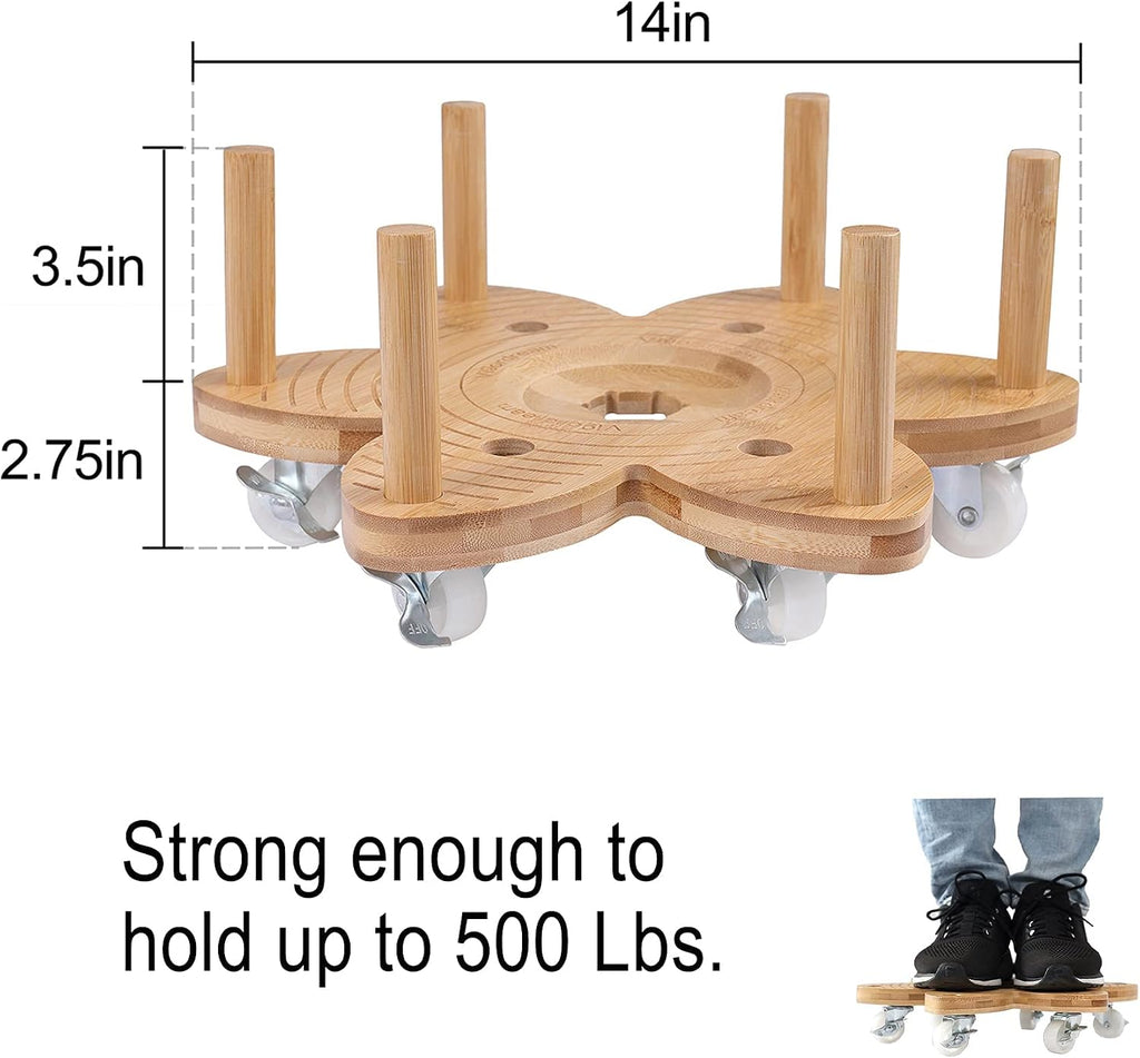 Vigordream Plant Caddy with Wheels 14" Heavy Duty Plant Rollers Flower Pot | Indoor Outdoor Bamboo Planter Dolly Holder