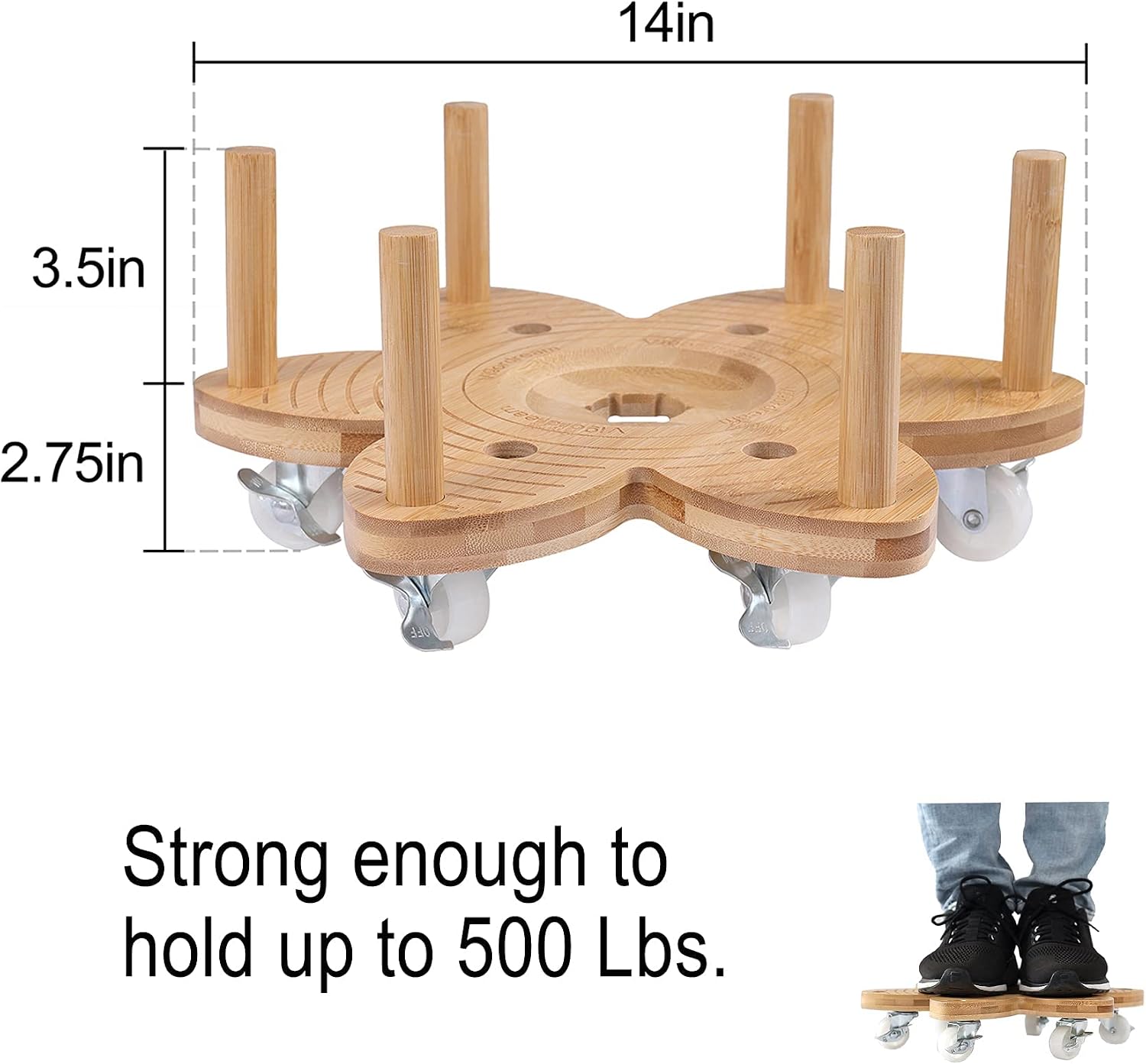 Vigordream Plant Caddy with Wheels 14" Heavy Duty Plant Rollers Flower Pot | Indoor Outdoor Bamboo Planter Dolly Holder
