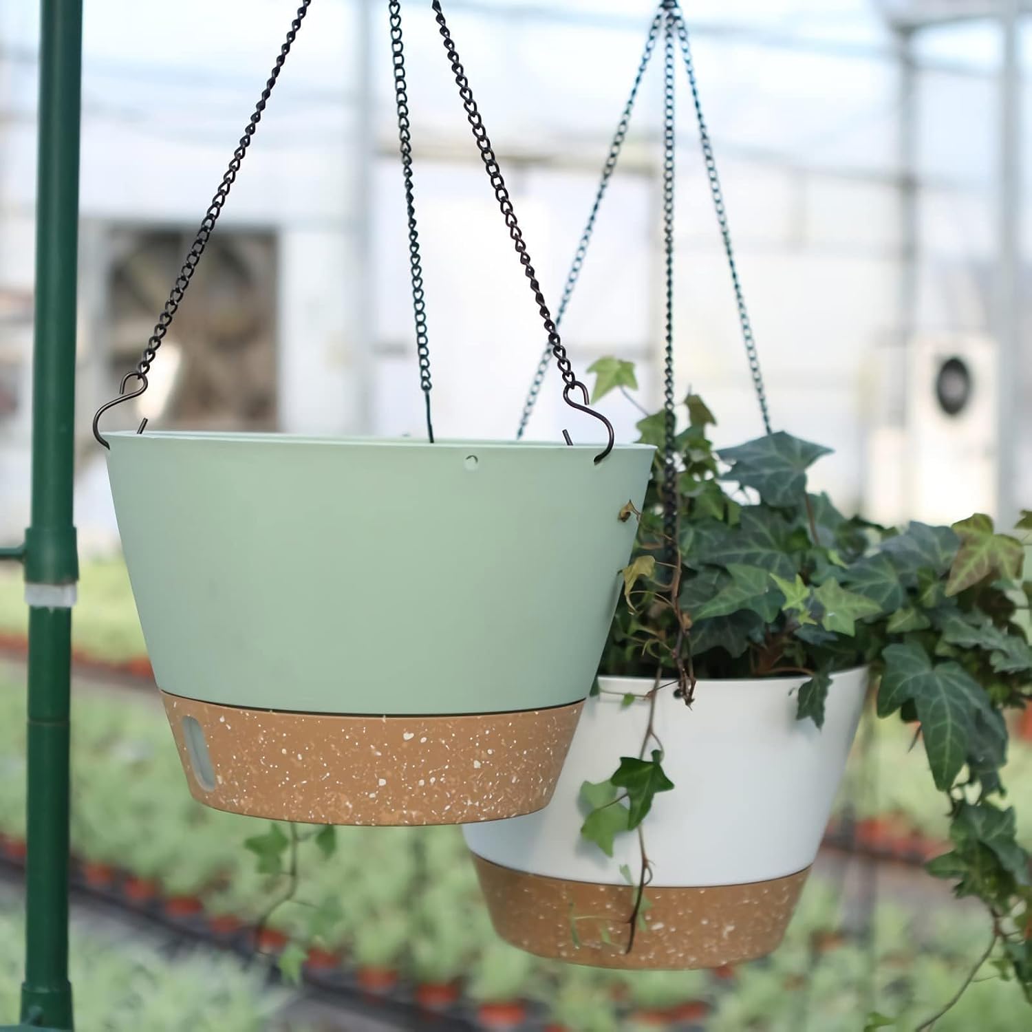 ZMTECH 2 Pack 10 Inch Hanging Baskets for Plants Outdoor Indoor, Modern Green Planters with Water Level Window & Metal