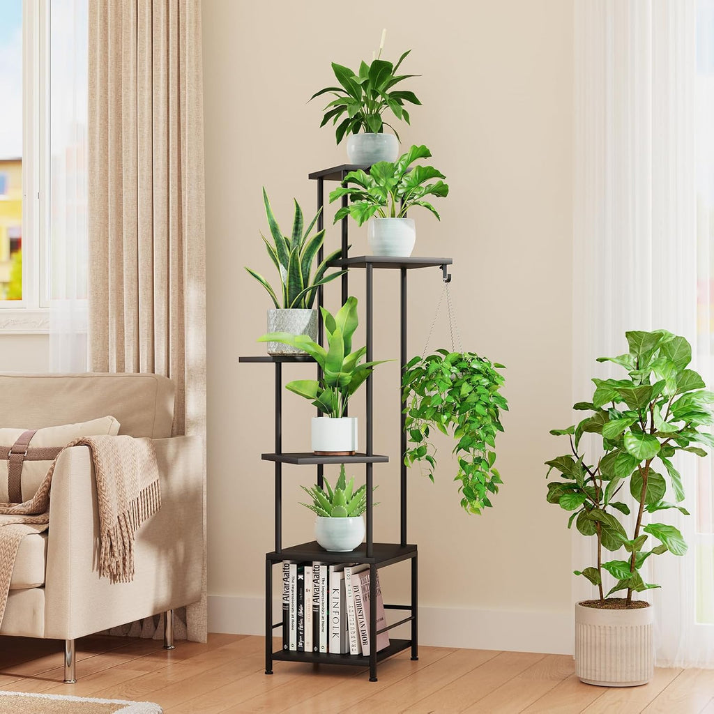 Plant Stand Indoor with Grow Light - 6-Tier Metal Plant Shelf with Hanging Basket Hook, Corner Tall Flower Holder for