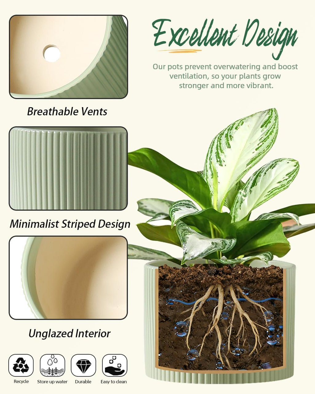 Ceramic Plant Pots, 8.1 + 6 Inch Planters for Indoor Plants, Modern Flower Pot for Plant with Drainage, Medium Cylinder