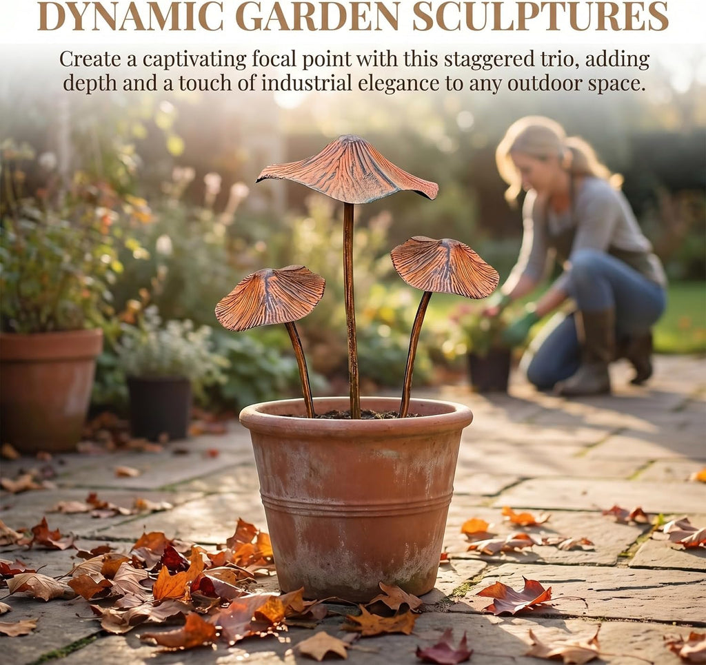 3 Pack Large Mushroom Garden Decor, Outdoor Mushroom Decor Metal Garden Stakes, Rust Finish Mushroom Statue Yard Art