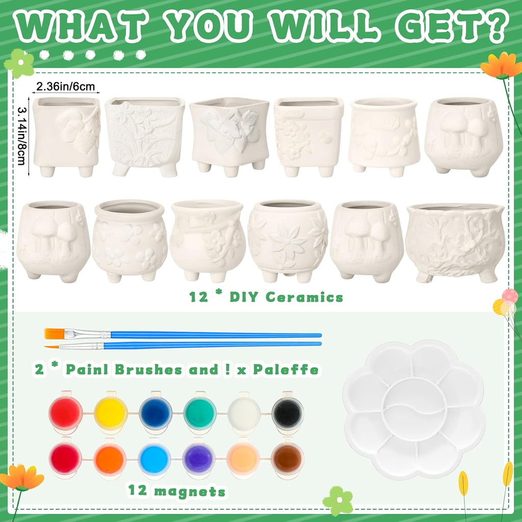 Hushee 12 Sets Ceramic Succulent Pots to Paint with Drainage | Paintable Succulent Plant Pots, 12 Styles, Small DIY