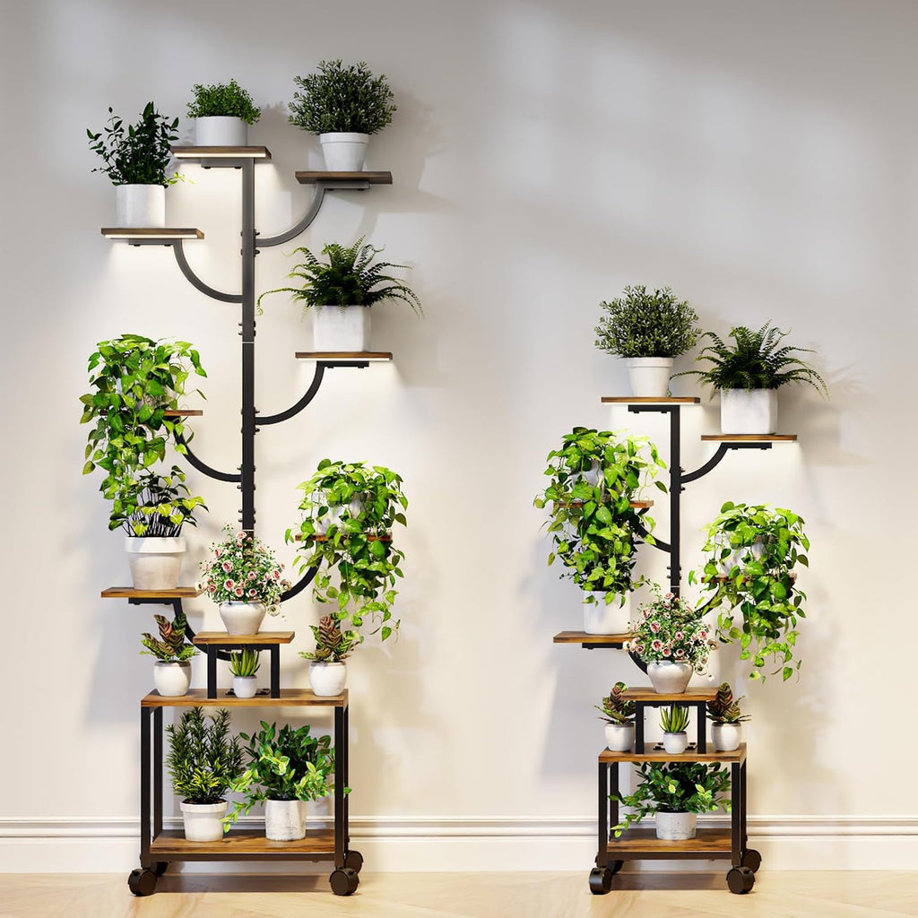Plant Stand Indoor with Grow Lights - 7-Tier Plant Stand with Wheels, Tall Metal and Wood Indoor Plant Shelf with Tree