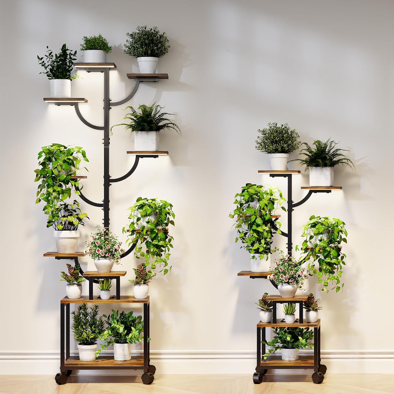 Plant Stand Indoor with Grow Lights - 7-Tier Plant Stand with Wheels, Tall Metal and Wood Indoor Plant Shelf with Tree