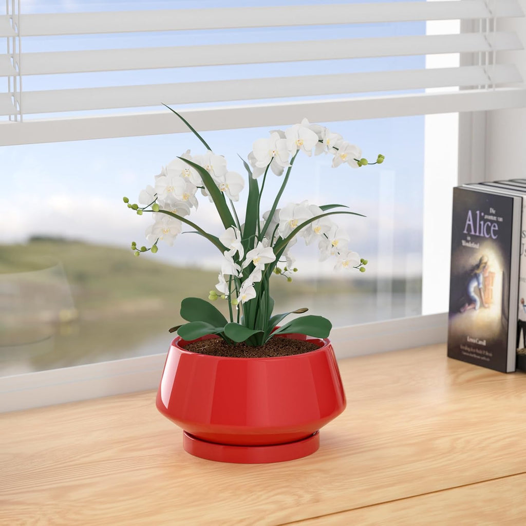 8.3 Inch Red Ceramic Planter with Drainage Hole and Saucer | Ideal for Indoor and Outdoor Plants, Modern Home Decor