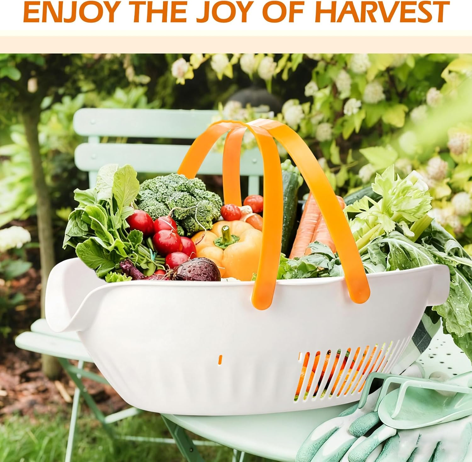 Nuogo 3 Pcs Garden Harvest Basket with Dividers Tool Caddy,White | Removable Partitions, Doubles Colander for Veggies