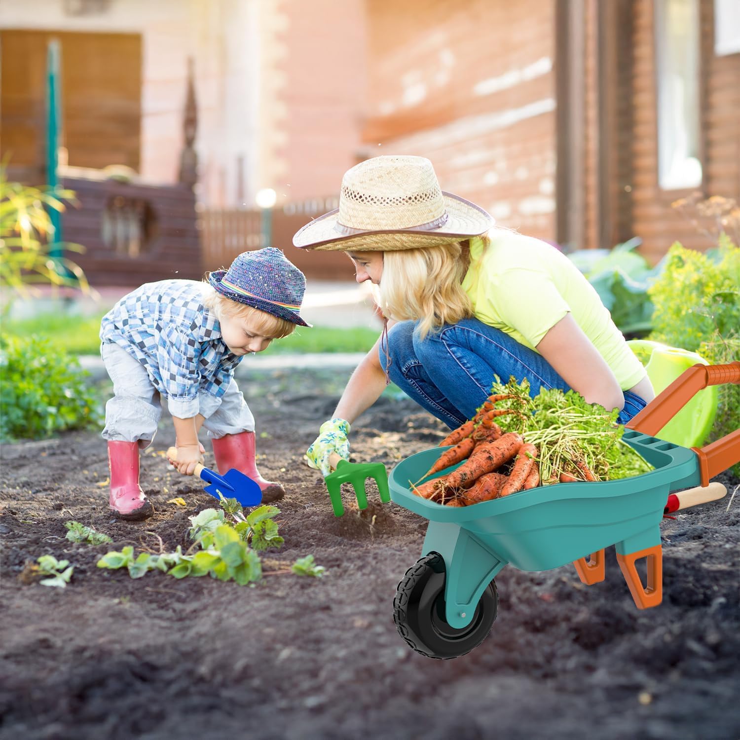 Qtioucp Kids Gardening Set with Wheelbarrow, Real Metal Garden Tools for Kids Ages 3-8, 4 Long Handle Tools, 3 Hand