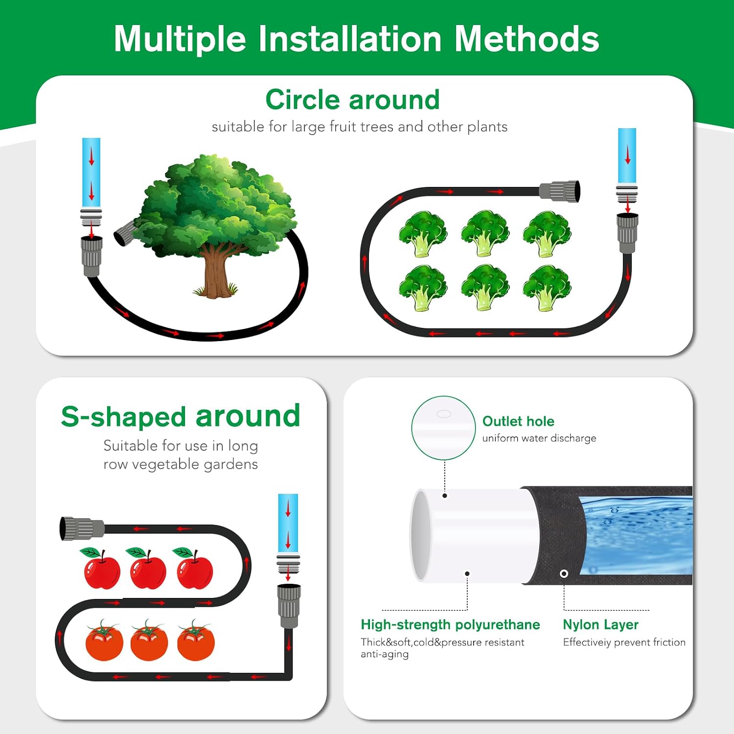 Thickened Flat Soaker Hose 100 ft, Flat Drip Irrigation Hose for Garden, 100/50/25 ft Lawn & Patio Watering System