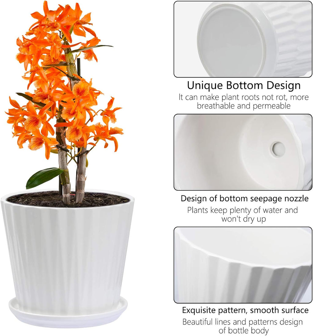 sietpoek 6.7” Ceramic Plant Pots with Drainage and Saucer 2PCs White | White Ceramic Flower Pots with Drainage Hole and