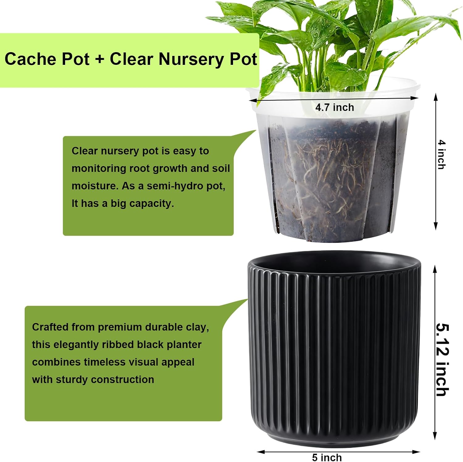 Ceramic Orchid Pot, Clear Nursery Pot & self Watering,5 inch,Black | Dual-Pot System,Root Visibility,Flexible Use for