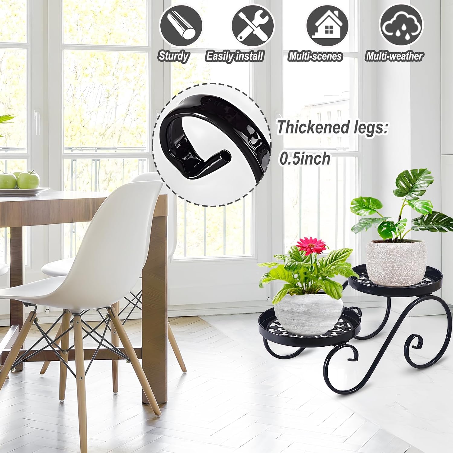 2 Tier Black Plant Stand, Metal Flower Stand Indoor Outdoor | Anti-Rust Iron Plant Shelf, Round Flower Pot Stands for