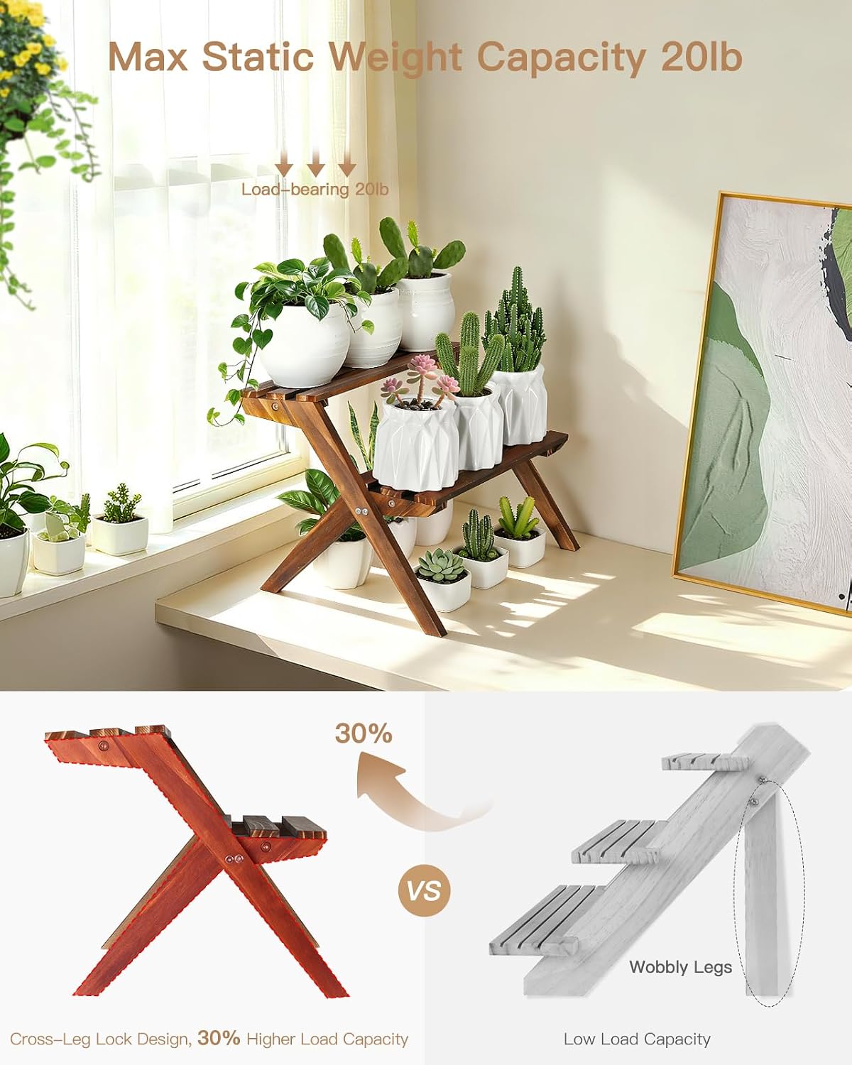 2 Tier Desktop Plant Stand, Wooden Windowsill Plant Shelf Indoor | X-Frame Tabletop Flower Stand, Ladder Succulent