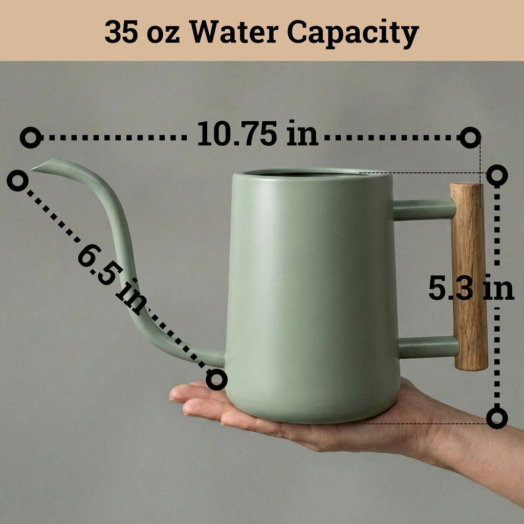 Metal Small Indoor Watering Can with Long Spout & Real Wood Handle, 35oz | Long Spout, Stainless Steel, Real Wood
