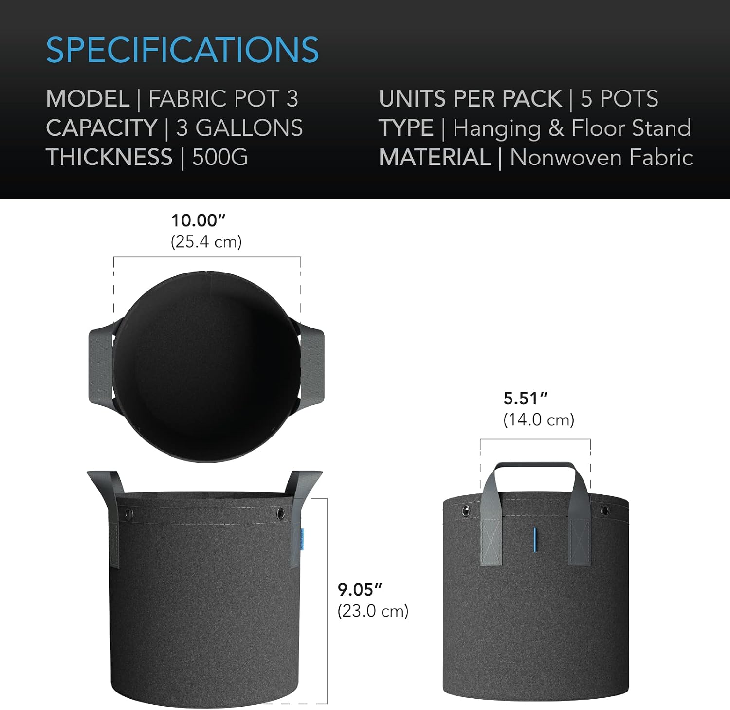 AC Infinity Heavy Duty Fabric Pots, 11 Liter Aeration Reusable Grow Bags | 5-Pack with 500G Thick Nonwoven Fabric and