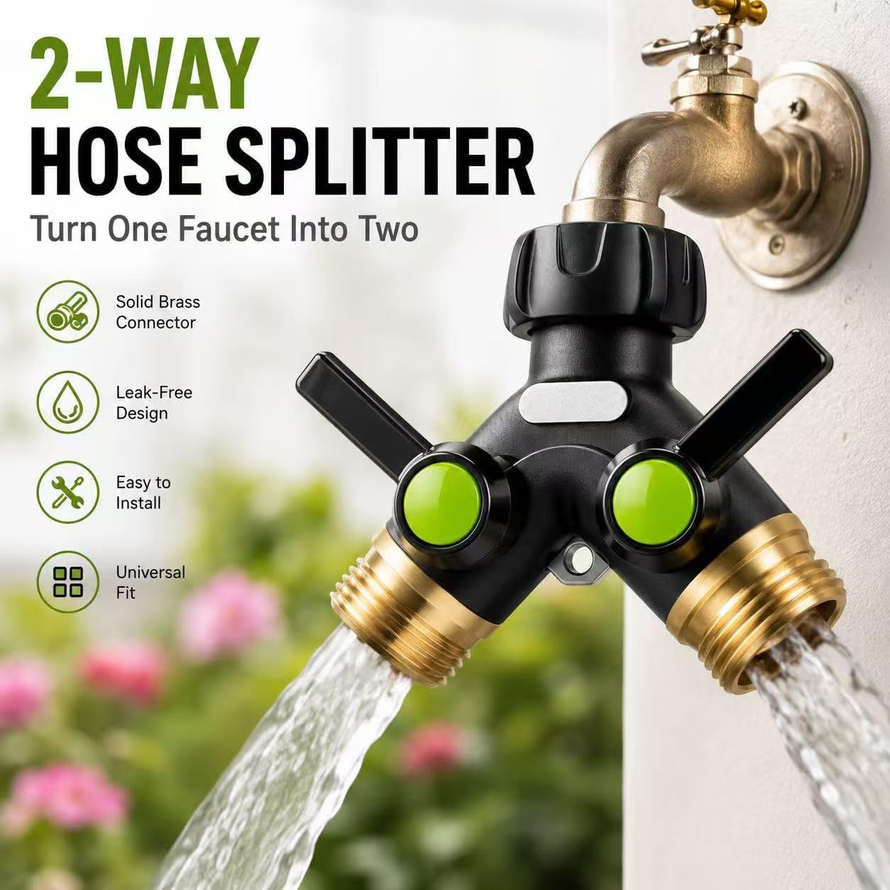 Garden Hose Splitter 2 Way Heavy Duty with Shut Off Valves,3/4" GHT | Large Ball Valve Design Helps Reduce Water