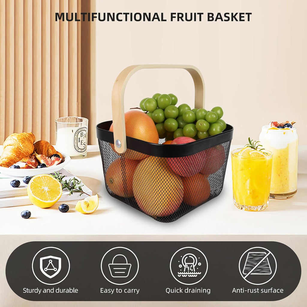 Mesh Steel Harvest Basket with Wood Handle,Hanging Kitchen Baskets Outdoor Basket,Harvest Basket for Garden