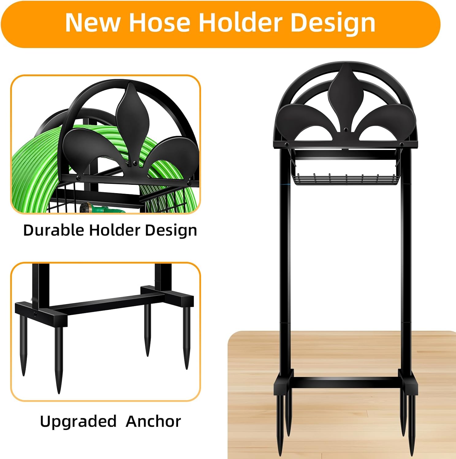Garden Hose Holder, Water Hose Holders Stand Holds 160-Feet Freestanding Hose Reel Storage Hanger Rack for Outside Yard