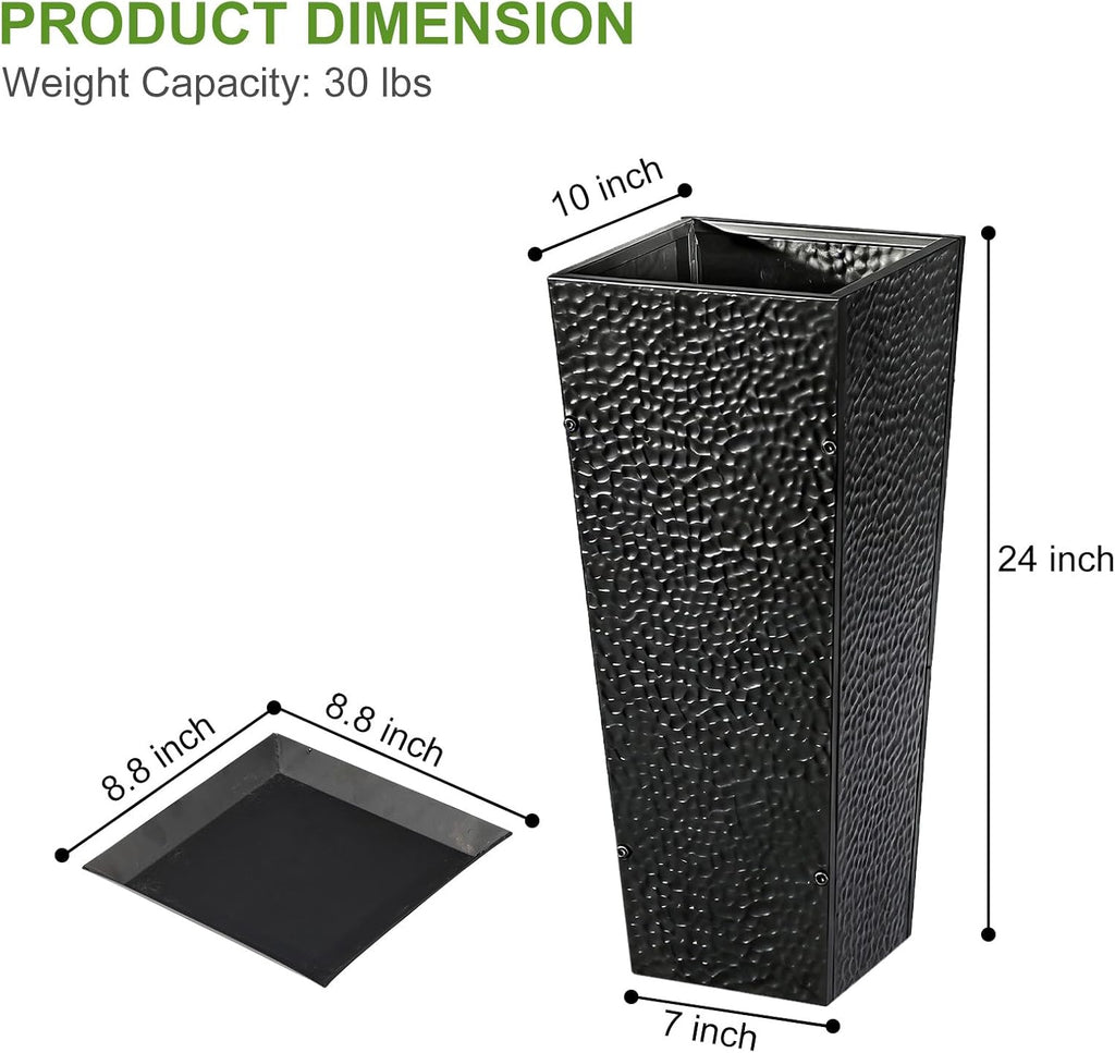 BAYN 2-Pack 24" Tall Metal Planter – Hand-Hammered Textured Large Black Flower Pots Box with Saucer for Outdoor&Indoor