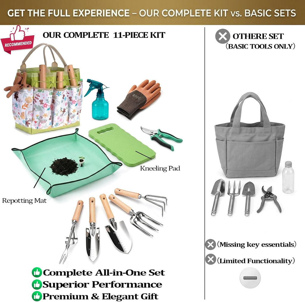 Garden Tool Set 11-Piece Heavy Duty Gardening Hand Tools - Rust-Resistant Stainless Steel with Durable Stylish Garden