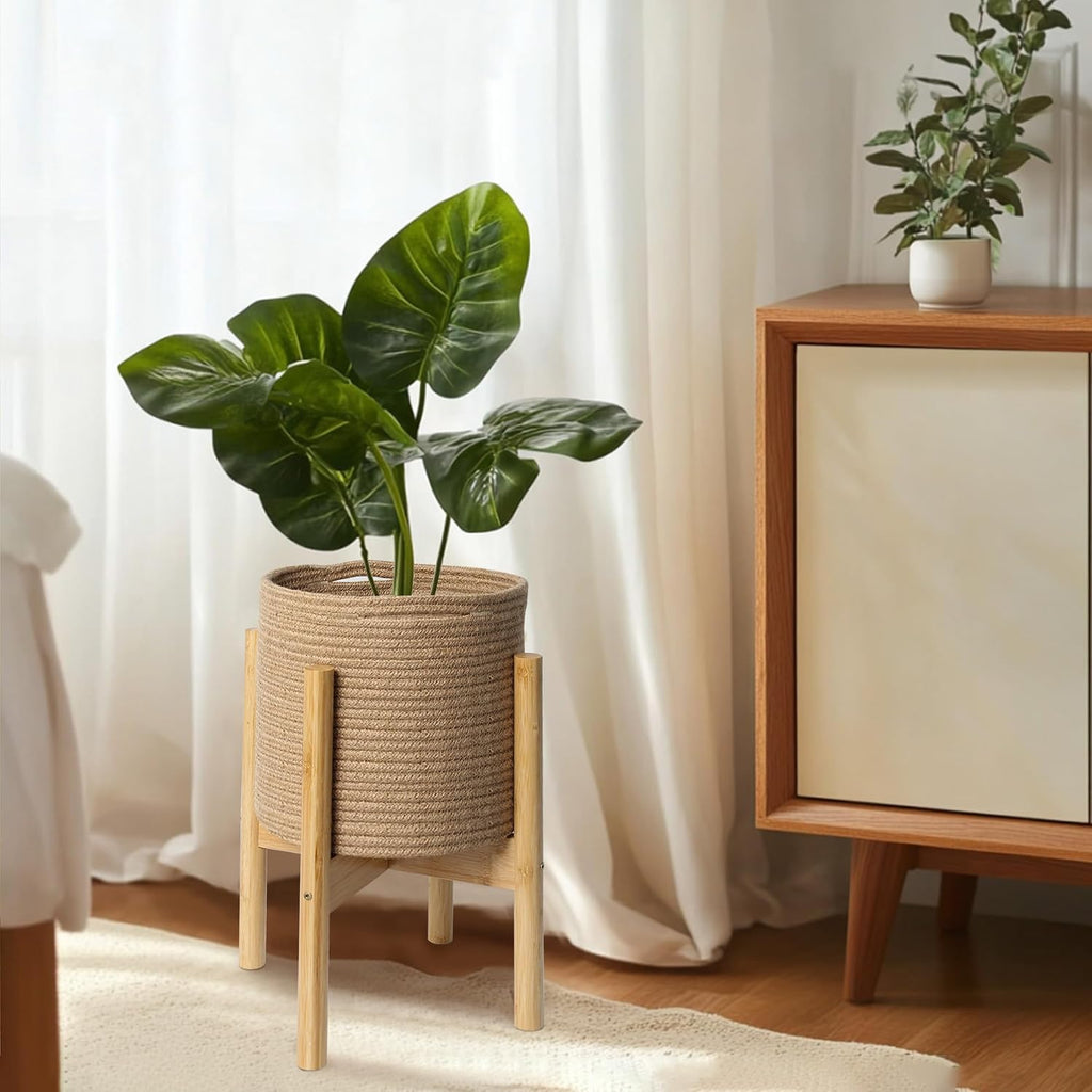 Plant Basket with Stand, Indoor Round Wicker Basket Plant with Bamboo Wood Stand, Decorative Woven Rope Flower Indoor