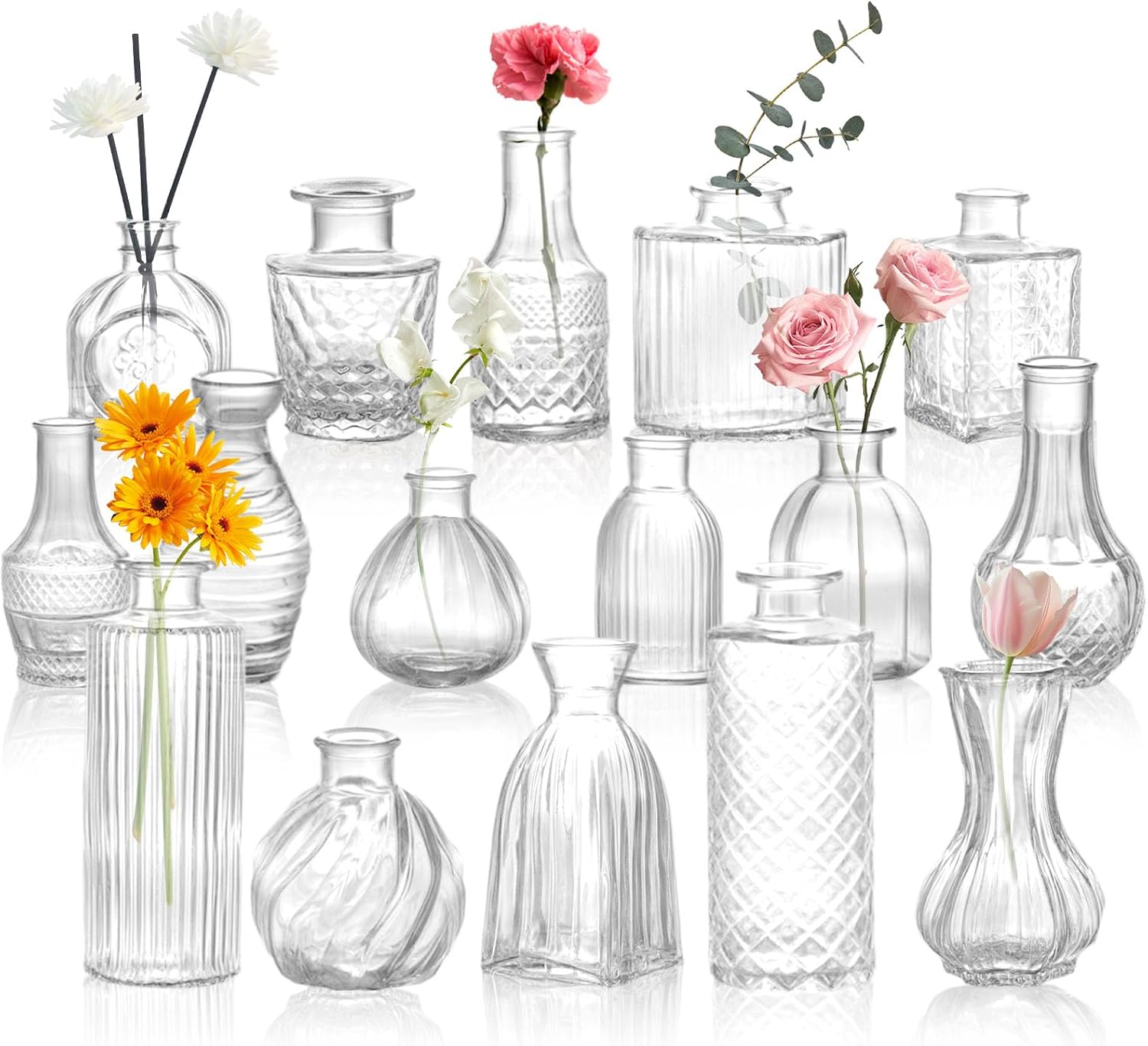 DOMESTAR 16 PCS Glass Bud Vases Set, Small Clear Cylinder Vases | Propagation Station, Plant Terrarium, Rustic Wedding