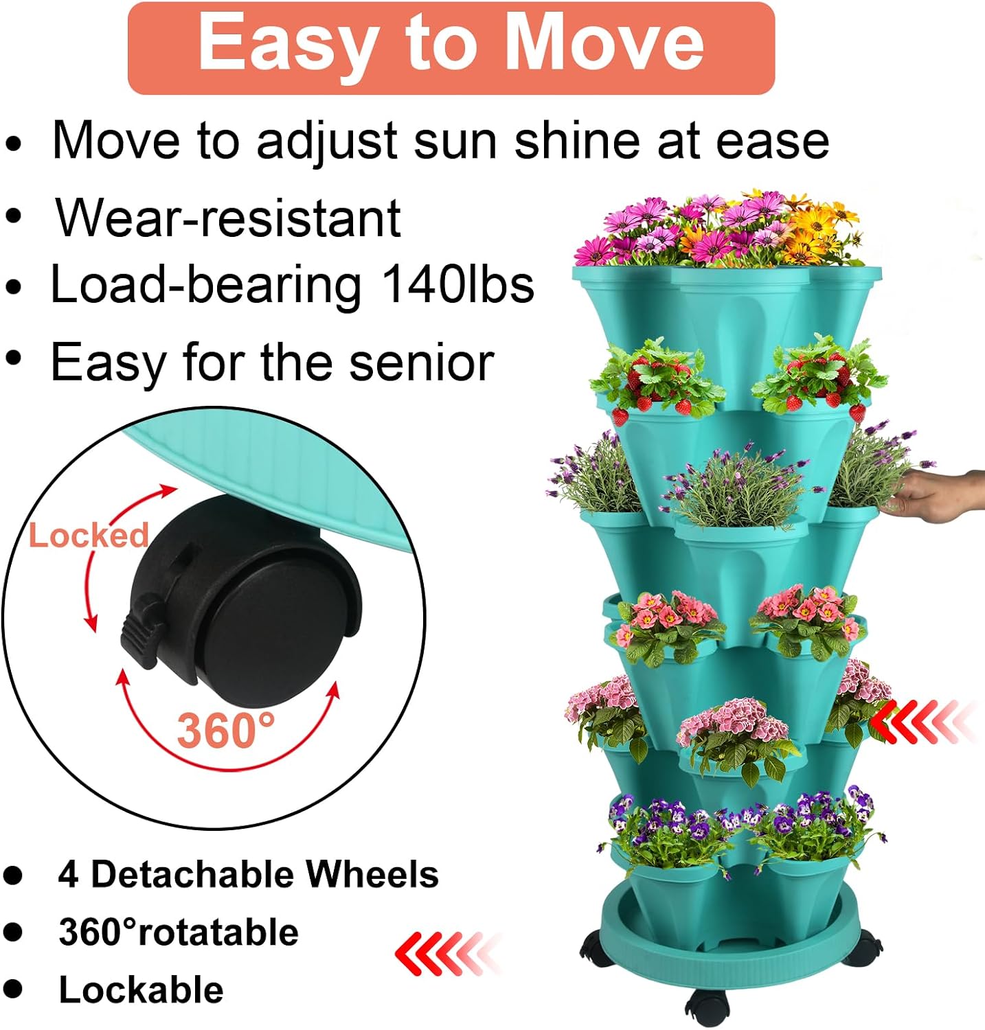 DUNCHATY Stackable Planter, Vertical Strawberry Planter with Garen Tool Set, Self Watering Garden Planter
