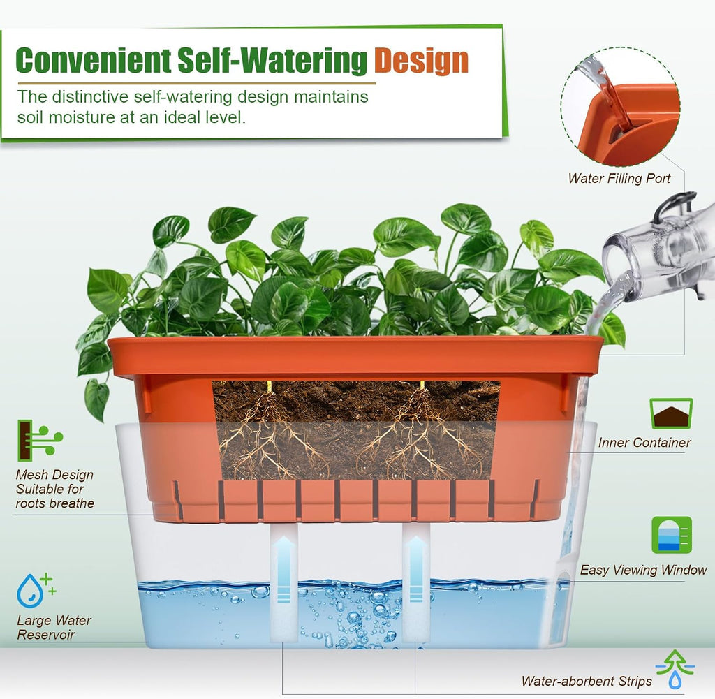 OurWarm 3 Pack Self Watering Herb Planter Set for Windowsill, 10.5In Indoor Herb Garden Planters with Water Level