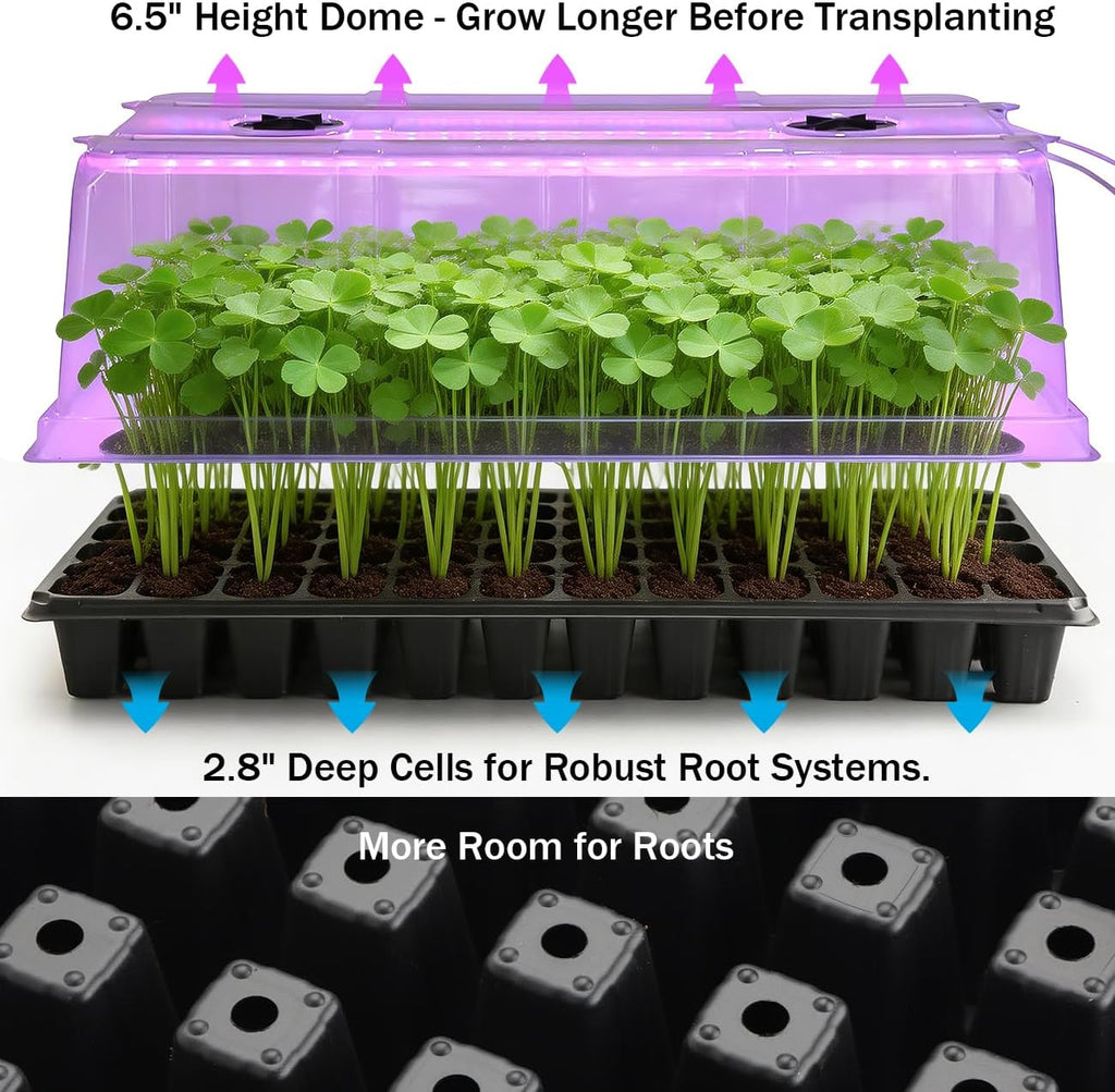 4-Pack 1020 Trays with Grow Light & 72 Cell Plug & 6.3" Tall Humidity Domes | Heavy Duty Plant Germination Kit for Seed