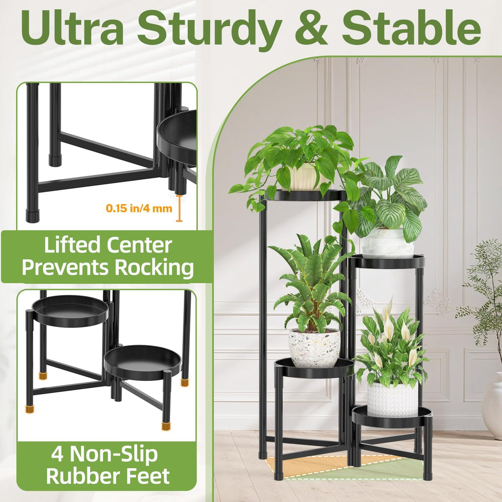 iDavosic.ly Plant Stand Indoor Outdoor, 4 Tier Metal Corner Shelf, Black | Tiered Flower Display Holder, Folding Multi