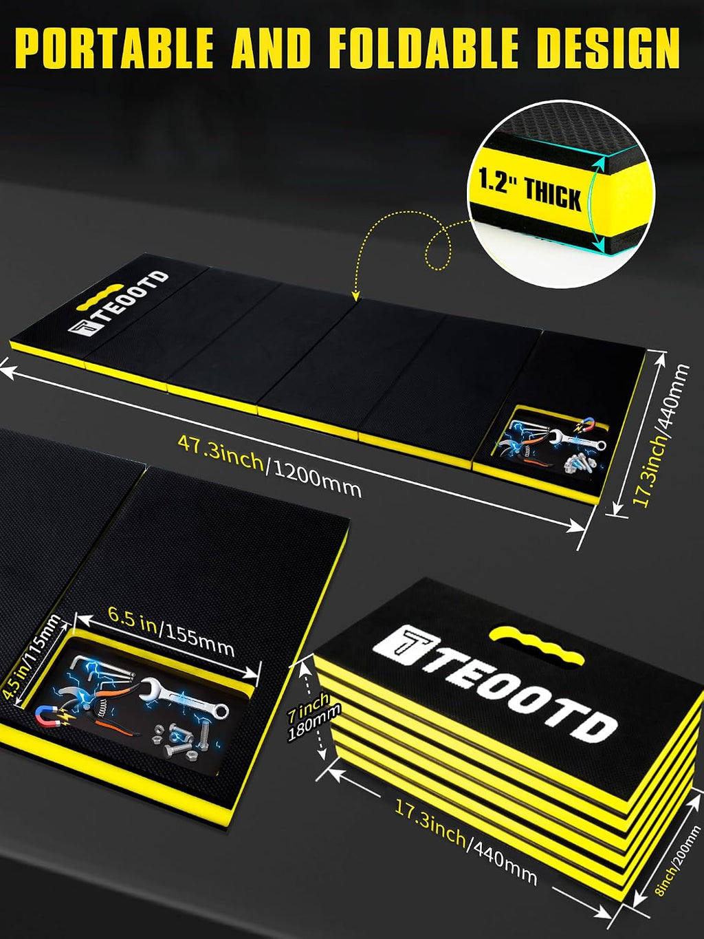 1.2" Extra Thick Foldable Mechanic Mat, Kneeling Pad with Magnetlc Tool Compartment, Waterproof Comfortable EVA Mat
