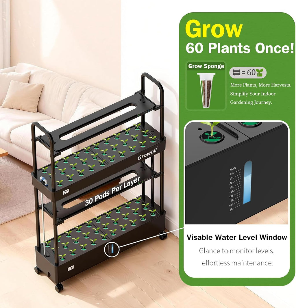 Growell Large Hydroponics Growing System Kit, 60 Pods Vertical Indoor Herb Garden Kit with 2 Light Modes & Auto