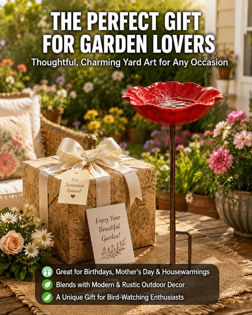 Handmade Metal Flower Garden Stakes, Outdoor Mini Bird Bath Decor, Bee Watering Station for Bird, Pollinator &